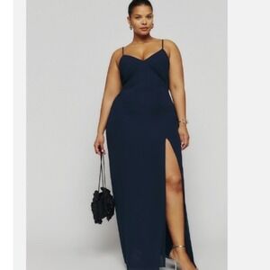 Reformation Pyper Navy Blue Classic Sleeveless Formal Maxi Dress Side Slit 18